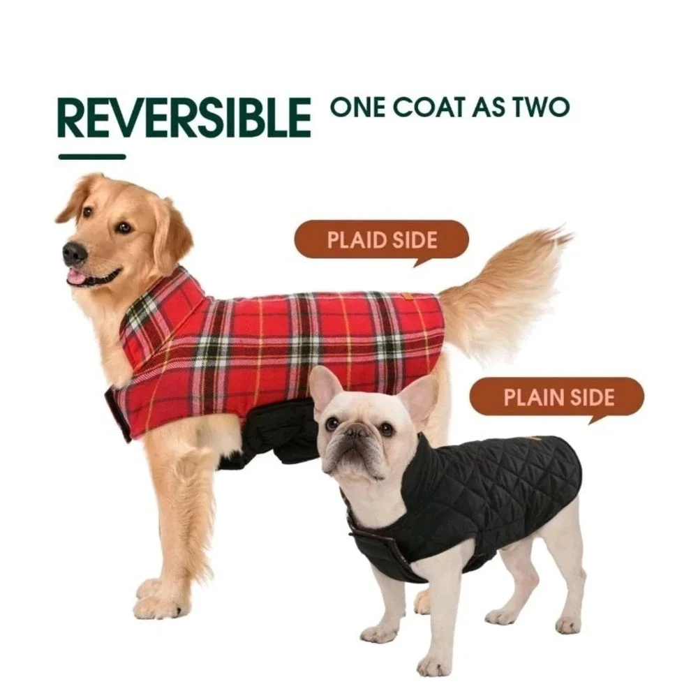 Stylish‎ Waterproof Winter Dog Coat Small - Adjustable & Reversible Plaid Jacket
